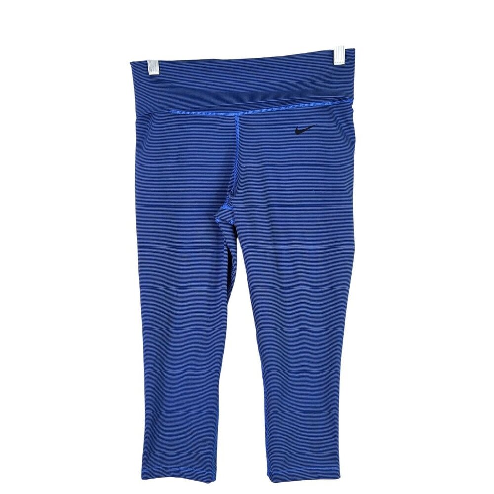 Womens Nike Dri-Fit Blue Striped Legend 2.0 Foldover Waistband Capri Leggings S